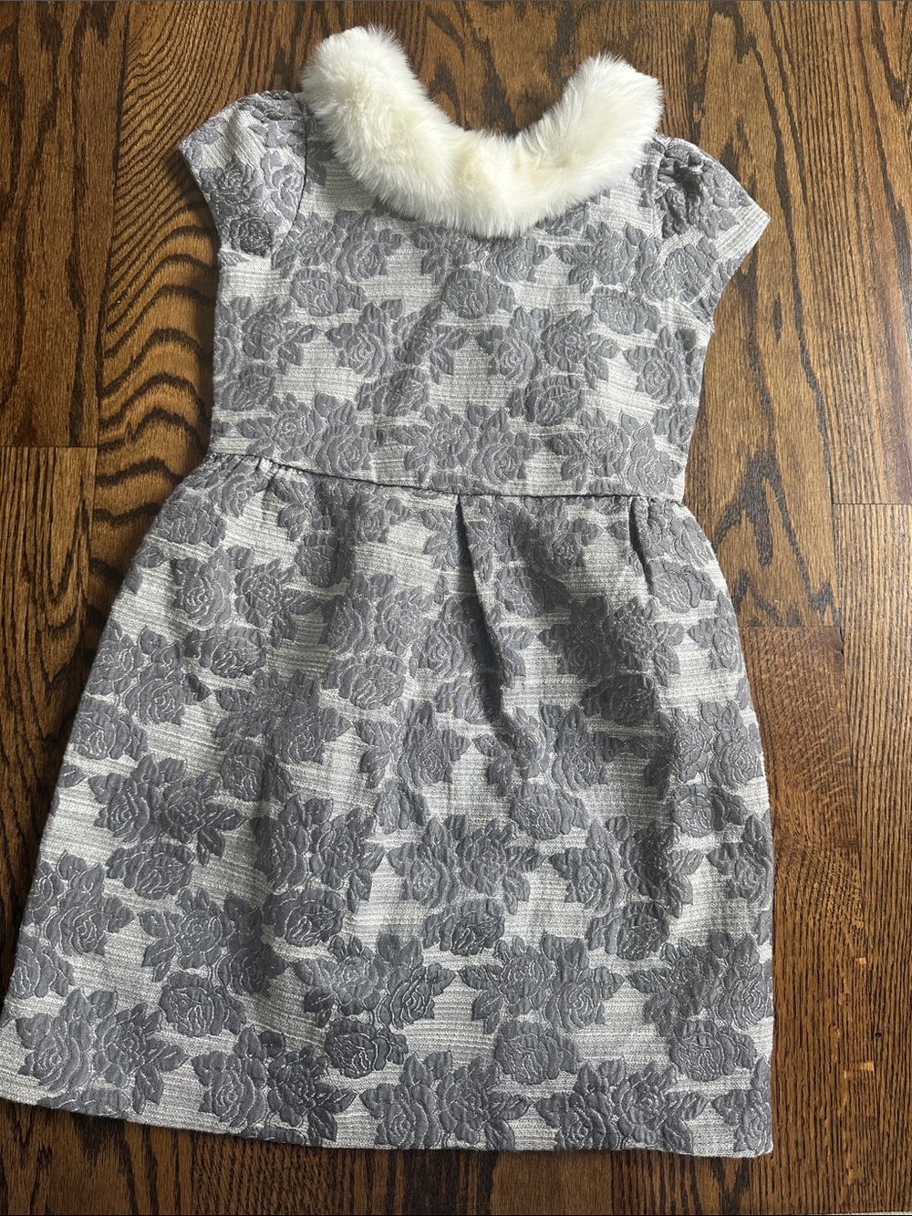 Janie and Jack Gray Floral Dress with Cream Faux Fur Collar